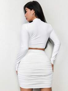 SHEIN Unity Women's Stand Collar Cutout Long Sleeve Top And Pleated Skirt Set - White - View 2