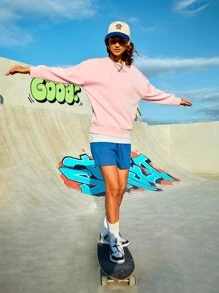 SHEIN Sports Women's Heart Pattern Round Neck Drop Shoulder Sports Sweatshirt - Baby Blue - View 4