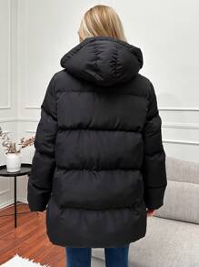 EURMUSE Solid Zip Up Hooded Puffer Coat - Black - View 2