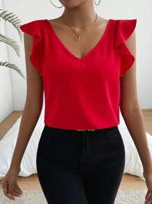SHEIN Privé Women's V-Neck Ruffle Hemline Decor Blouse - Red - View 6