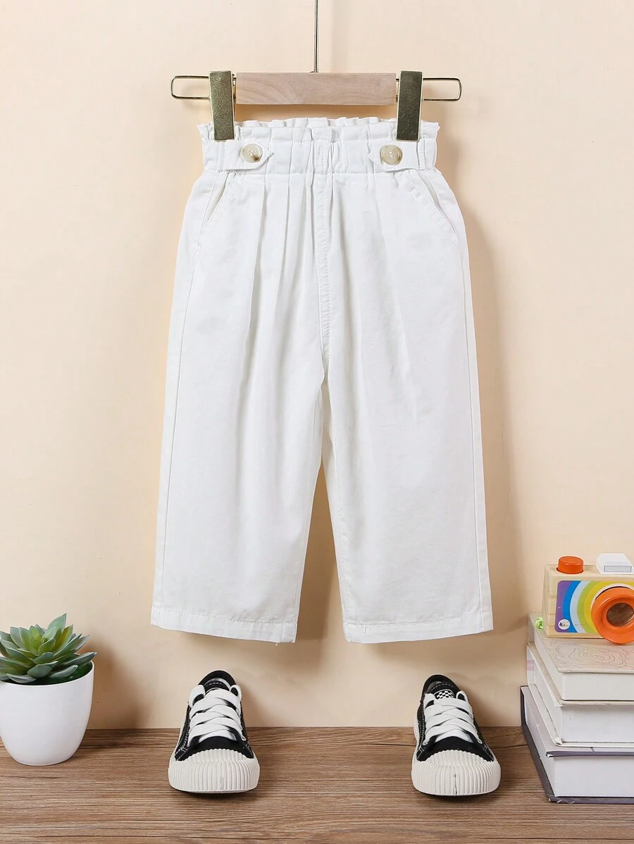 寶貝女孩白色寬腿褲，彈性腰圍設計，舒適柔軟 - 白色 - 查看 1