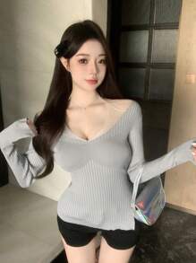 DAZY Áo len dài tay chắp vá ôm sát dành cho nữ, Quần áo mùa thu - Màu xanh nhạt - Xem 4