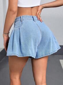 SHEIN EZwear 女式打摺寬鬆丹寧短褲 - 淺色水洗藍 - 查看 2