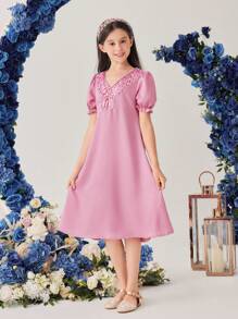 SHEIN Vestido Elegante Con Cuello En V Y Adornos De Lentejuelas Para Niña Tween