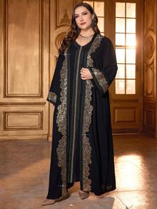 加大码优雅端庄亮片蕾丝装饰喇叭袖长外套配连衣裙，春夏，长袍