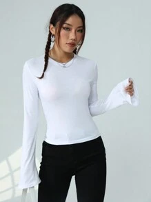 SHEIN EZwear 女士修身超長袖t恤 - 白色 - 查看 3