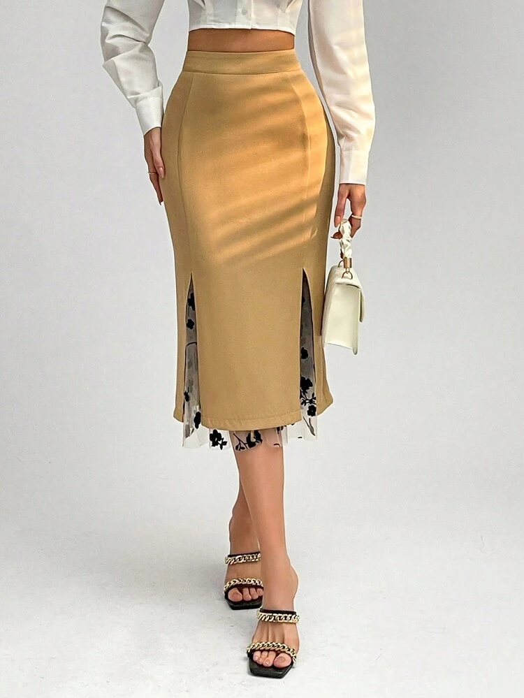 Women's Khaki High Waisted Asymmetrical Mesh Skirt With Slit