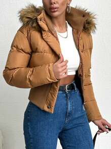 EURMUSE Fuzzy Trim Hooded Puffer Coat - Brown - View 3