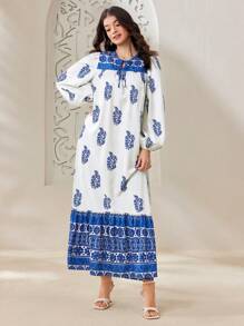 Al Najma Women's Arabic Lantern Sleeve Floral Printed Dress - Blue and White - View 6
