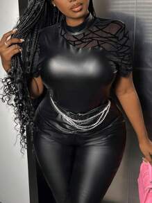 Slaydiva PU Leather Splice Net Top - Black - View 3