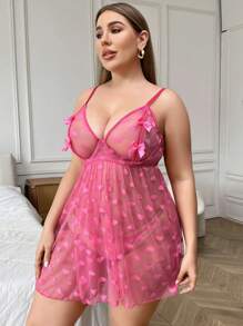 Plus Size Heart Mesh Sexy Lingerie Dress With G-String - Hot Pink - View 5
