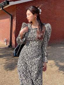 DAZY 女士花卉印花人魚裙,側邊高分裂 - 黑色 - 查看 5