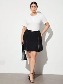 BizChic Plus Size High Waist Zipper Front Skirt - Black - View 1