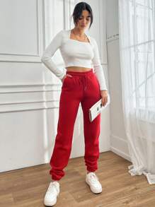 SHEIN Cottnline 女式束口收縮運動長褲 - 紅色 - 查看 4