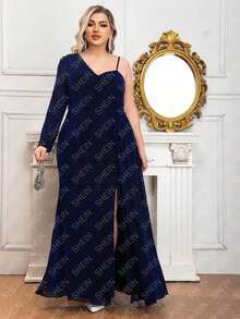 One Shoulder Long Sleeve High Slit Mother Of The Bride Dress - Navy Blue - View 4