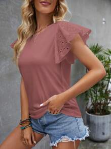 SHEIN Clasi Của phụ nữ Màu thuần Xu hướng: Cắt giảm Thêu Ngắn tay Áo thun - Bụi hồng - Xem 6