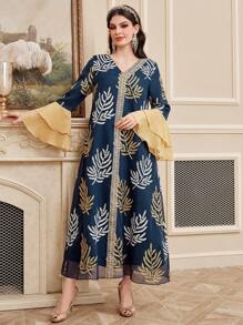 Al Najma Women's Arabian Style Plant Print Patchwork Tape Dress - Navy Blue - View 5