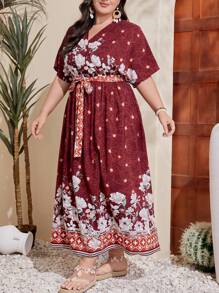 Mulvari Vestido De Talla Grande Con Estampado De Flores Y Cuello Envolvente Para Mujer