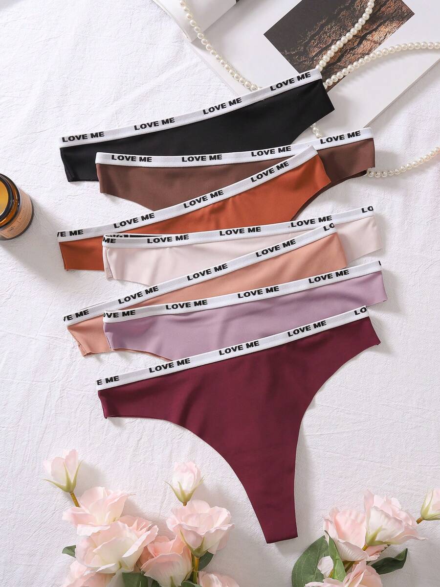 7 Unids/set Tanga De Cintura Baja Con Estampado De Letras - Multicolor - Ver 1