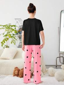 SHEIN Teen Girls' Letter Print T-Shirt & Heart Patterned Long Pants Pajama Set - Pink - View 2