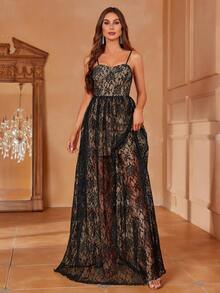 Faeriesty Lace Floor Length Elegant Cami Party Dress - Black - View 5