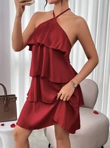 Chiquease Multi-Layer Ruffle Halter Dress - Red - View 5