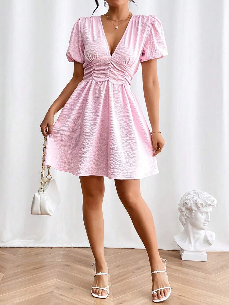 Solid Color Deep V-Neck Pleated Puff Sleeve Dress