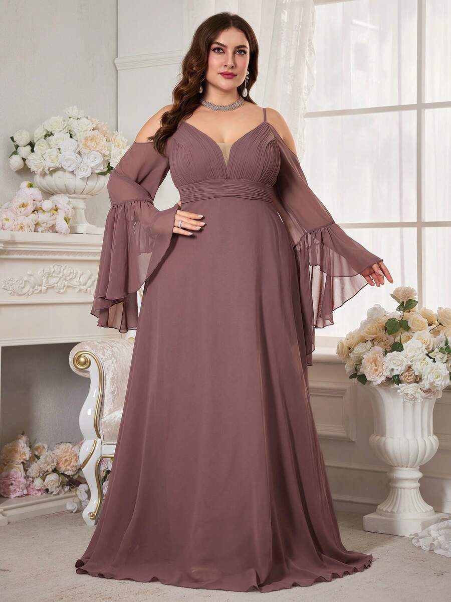Đầm dự tiệc tay chuông trễ vai màu trơn cỡ lớn - Bụi hồng - Xem 1