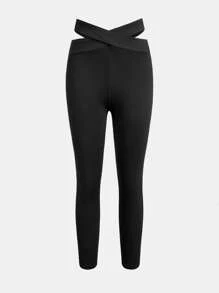 SHEIN 青少年女孩針織純色交叉腰運動打底褲 - 黑色 - 查看 6