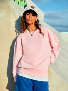 SHEIN Sports Women's Heart Pattern Round Neck Drop Shoulder Sports Sweatshirt - Baby Blue - View 5