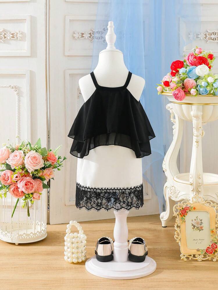 Elegant Baby Girl's Set With Multi-Layered Top & Lace Patchwork Skirt Dress