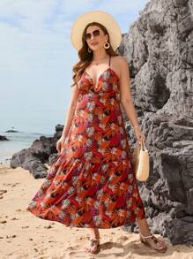 SHEIN VCAY Đầm dài cạp cao in họa tiết nhiệt đới màu đỏ cho ngày lễ bãi biển cỡ lớn có dây đeo có thể điều chỉnh - Nhiều màu - Xem 1