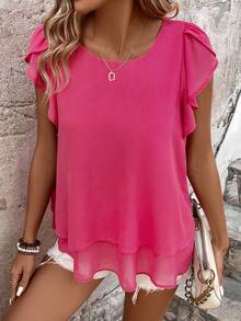 SHEIN LUNE Women's Solid Color Round Neck Pleated Ruffle Trim Decorated Blouse - Hot Pink - View 5