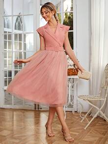 Simplee Women's Mesh Contrast Short Cape Sleeve A-Line Dress - Pink - View 6