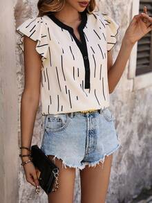 INAWLY Women's Line Pattern Printed Ruffle Hem Short Sleeve Shirt - Apricot - View 3