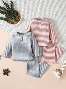 Gestreiftes Und Bedrucktes Langarm-hosen-homewear-set Für Babys In Blau Und Rosa