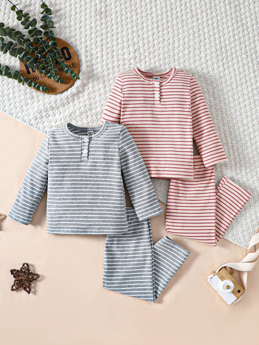 Gestreiftes Und Bedrucktes Langarm-hosen-homewear-set Für Babys In Blau Und Rosa