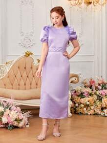SHEIN 青少年女孩缎面泡泡袖优雅连衣裙 - 紫色 - 查看 5