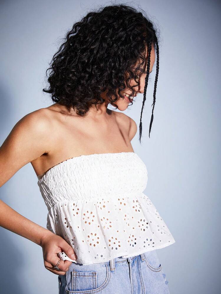 Women's Embroidered Bandeau Top With Shirred Bust