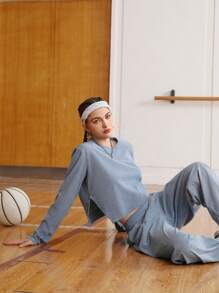 SHEIN Sports Women's Split Hem Cropped Top And Slant Pocket Pants Sportswear Set - Baby Blue - View 7