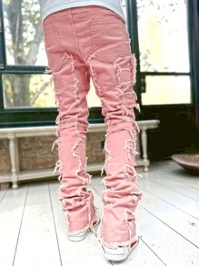 Tween Boy Casual Frayed Pocket Denim Jeans - Pink - View 2
