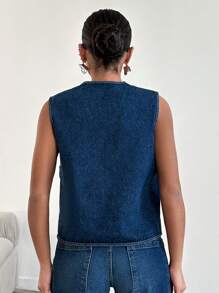 EURMUSE Women's Sleeveless Denim Top With V-Neckline, Flap Pockets And Front Opening - Dark Wash - View 2
