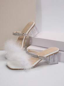 女士水晶粗跟高跟凉鞋，2 种穿法，水钻毛绒拖鞋，2024 年春夏新品 - 白色 - 查看 6