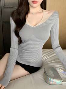 DAZY Áo len dài tay chắp vá ôm sát dành cho nữ, Quần áo mùa thu - Màu xanh nhạt - Xem 1