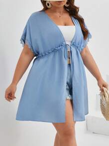 SHEIN VCAY 大尺碼女款純色蕾絲拼接及服寬鬆版型帶腰帶 - 淺藍色 - 查看 4
