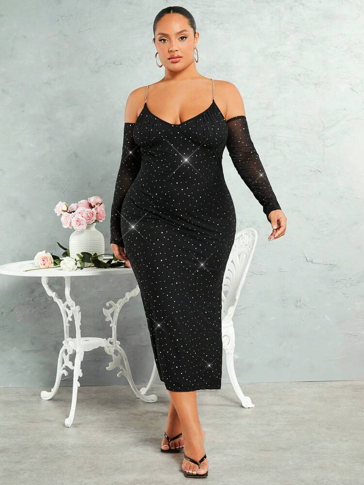 Plus Size Women's Glitter Cami Dress With Rhinestone Chain Strap