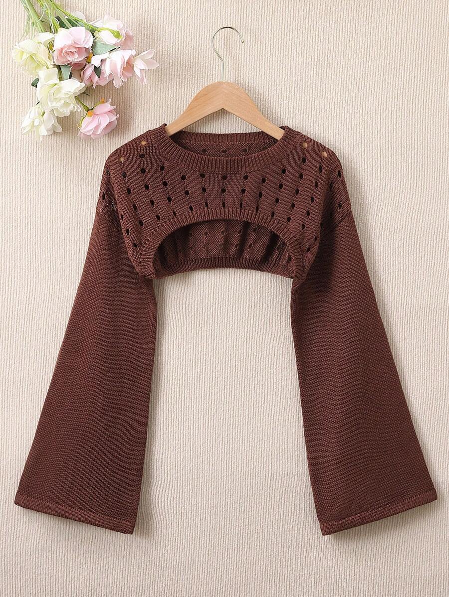 Teen Girl Hollow Out Cropped Sweater - Coffee Brown - View 1