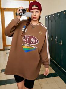 Gameset SHEIN Sport Women's Raglan Long Sleeve Sweatshirt With Letter Print - Coffee Brown - View 3