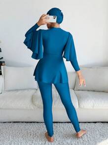 Swim Mulvari 女式布基尼套裝3入組泳裝，波浪邊荷葉邊上衣和全包覆下褲，包括罩裙、褲子和帽子，無鋼圈設計 - 水鴨藍 - 查看 2