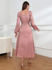 Seusyu Của phụ nữ Hình vuông Đường viền cổ áo Tay áo lồng đèn Đầm Với Viền trang trí - Hồng - Xem 2